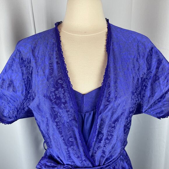 Vintage Lingerie Set Size Medium Purple Satin Robe Slip Nightgown Peignoir 80s - Picture 5 of 16